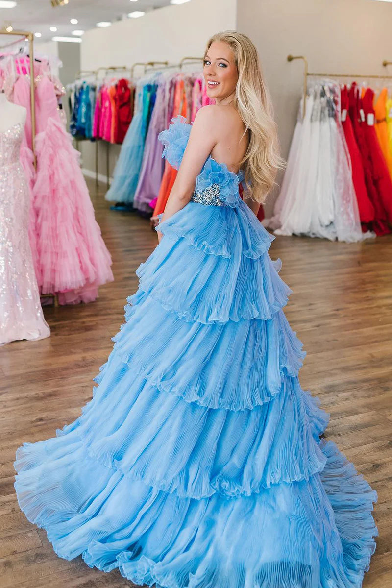 Strapless Organza Ball Gown Long Prom Dresses with Beading